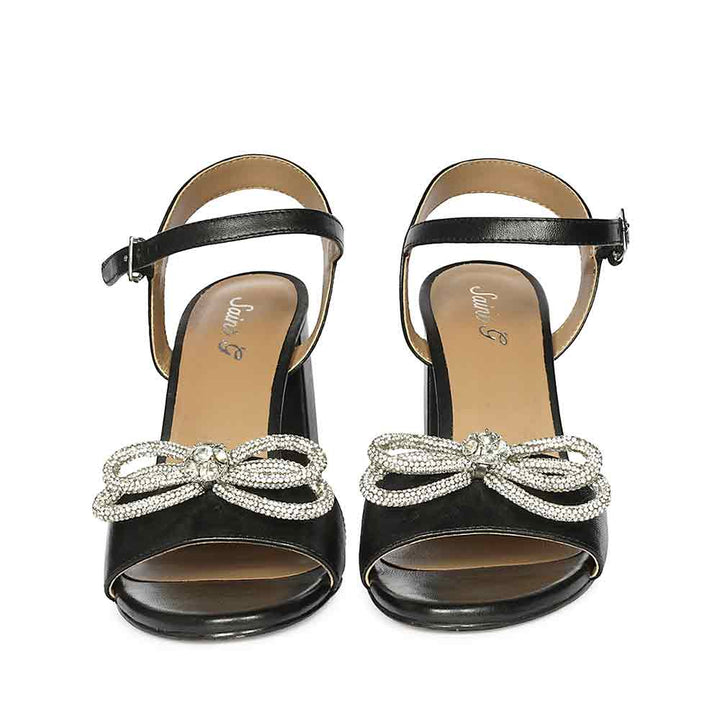 Saint Shay Crystal Bow Black Leather Block Heels