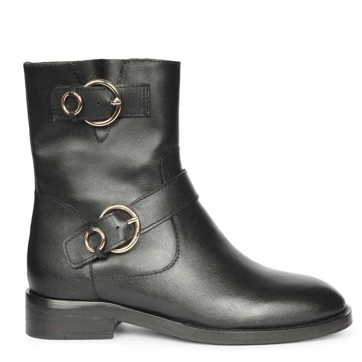 Saint Petra Double Buckle Black Leather High Ankle Boots