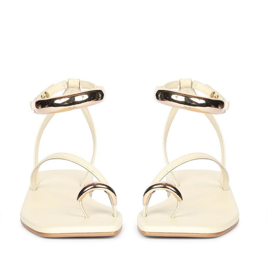Saint Zinovia Gold-Trim Off White Leather Sandals