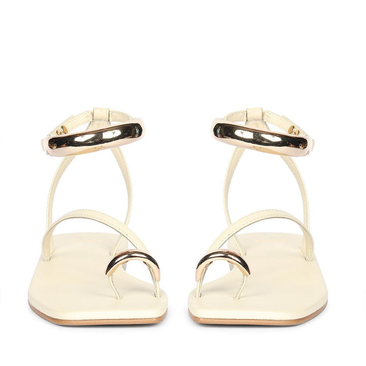 Saint Zinovia Gold-Trim Off White Leather Sandals