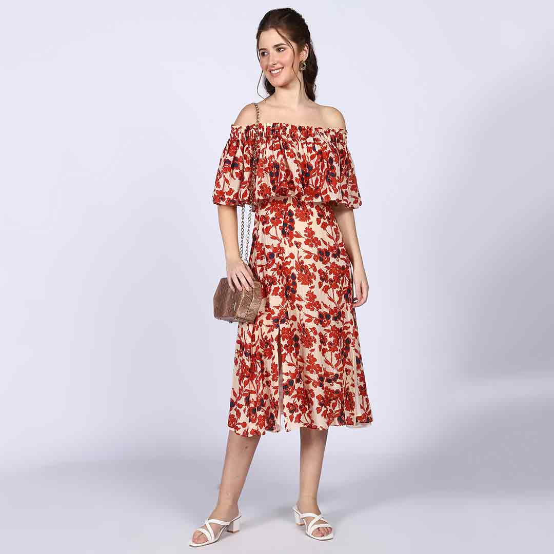 Saint Scarlett Ivory Red Off-Shoulder Midi Dress