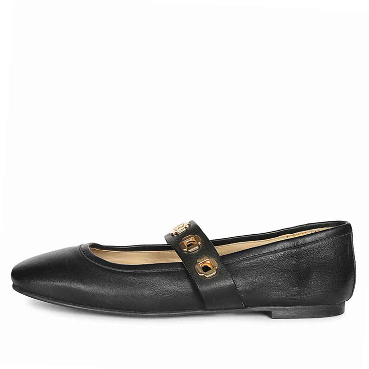 Saint Olwen Flower Eyelets Black Leather Ballet Flats