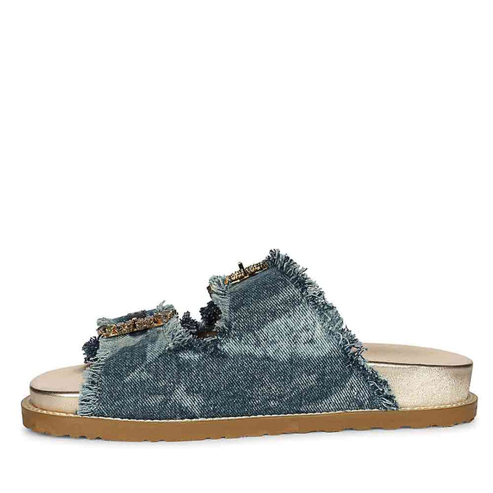 Saint Riviera Crystal Buckle Blue Denim Footbed Sandals