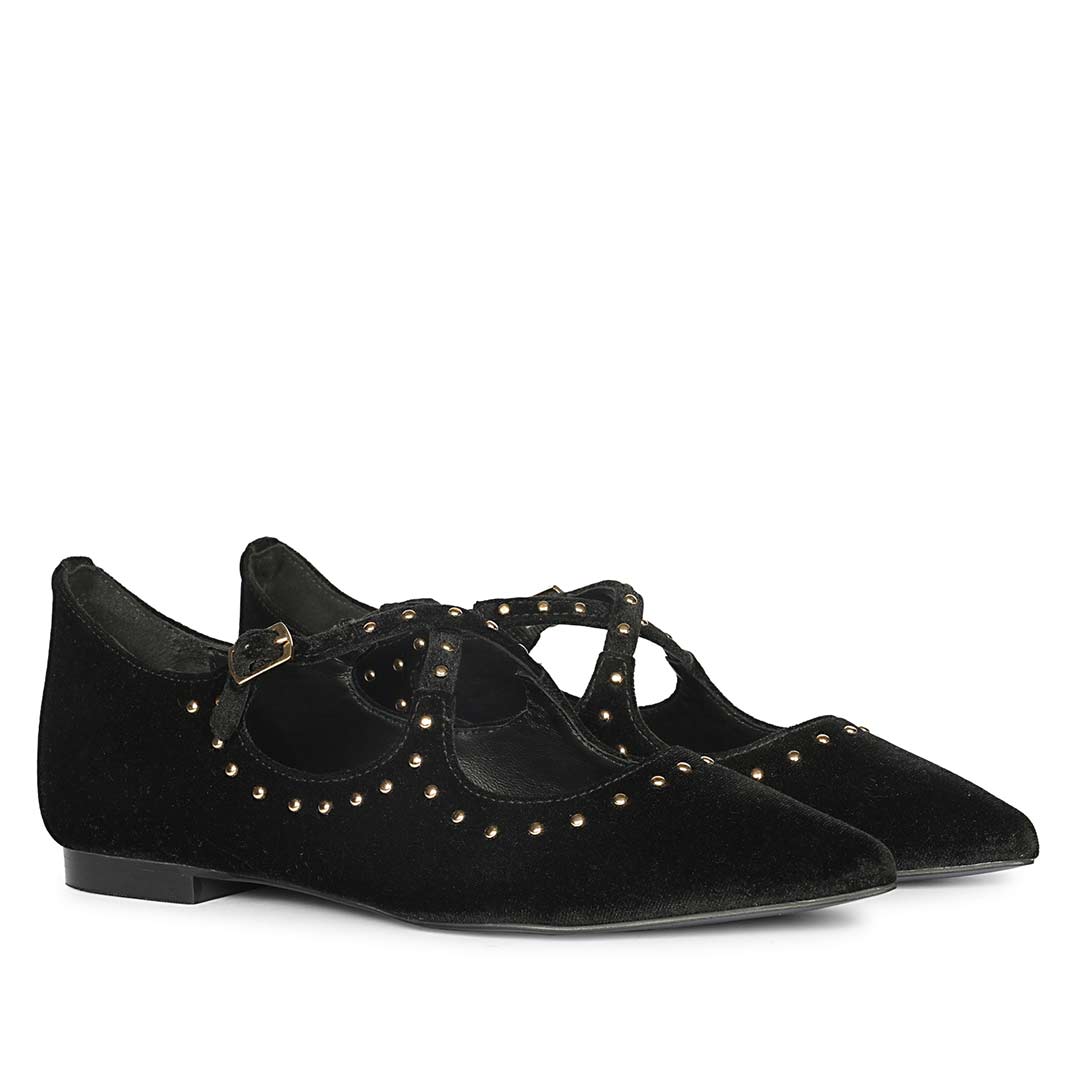 Saint Nivea Golden Studs Black Velvet Ballet Flats