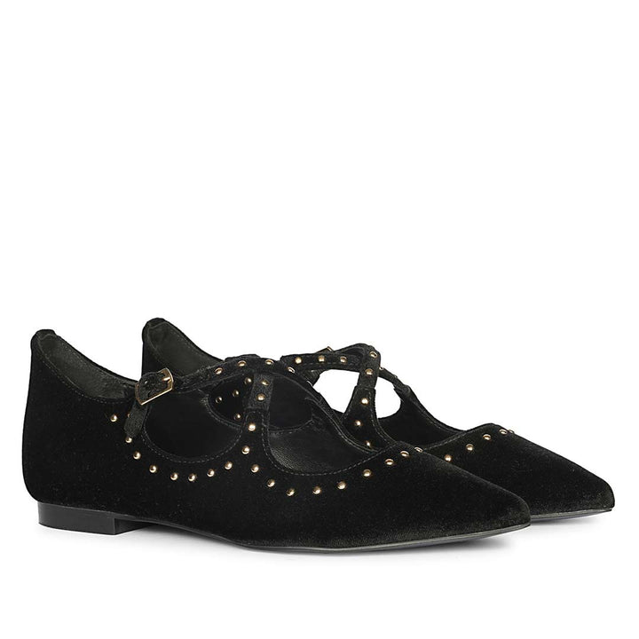 Saint Nivea Golden Studs Black Velvet Ballet Flats