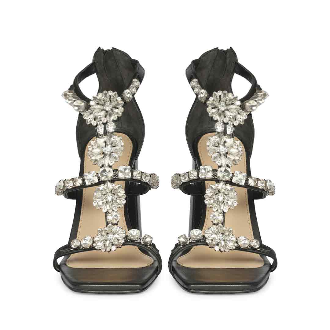 Saint Holly Crystal Stone Black Leather Block Heels
