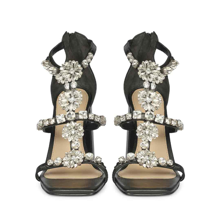 Saint Holly Crystal Stone Black Leather Block Heels