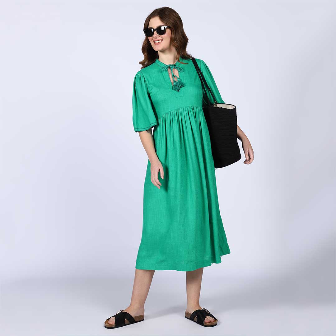Saint Rosalie Green Cotton Slub Midi Dress