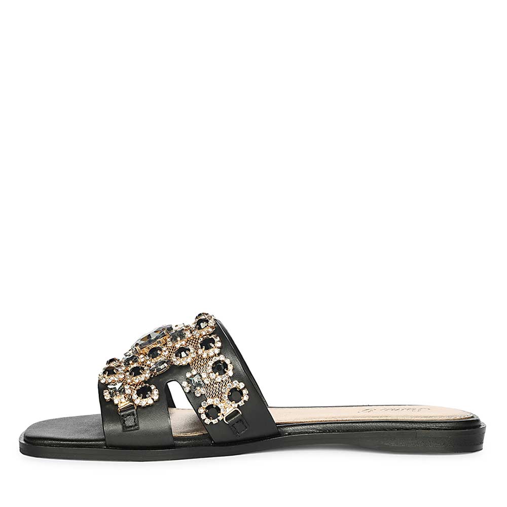 Saint Eileen Embroidered Stone Black Leather Slides