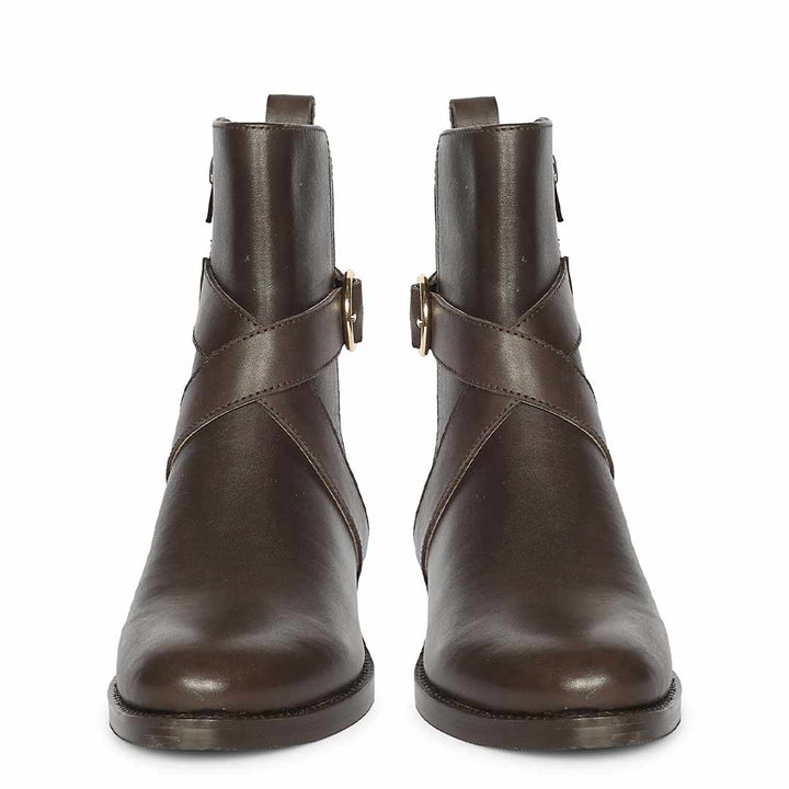 Saint Valentina Gold Buckle Brown Leather Ankle Boots