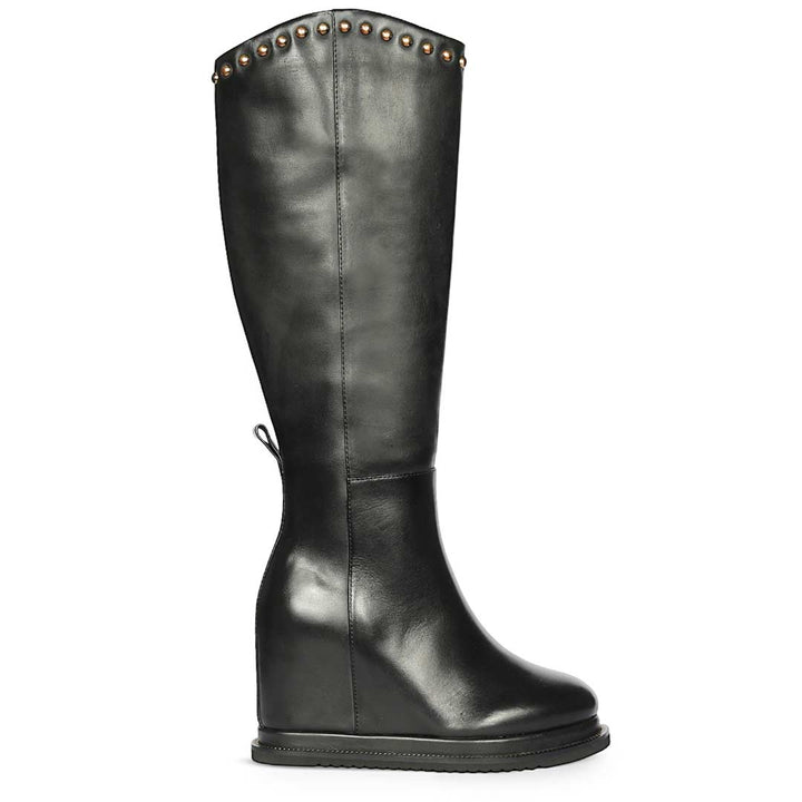 A single black leather knee-high boot with a wedge heel, shown in profile against a plain white background