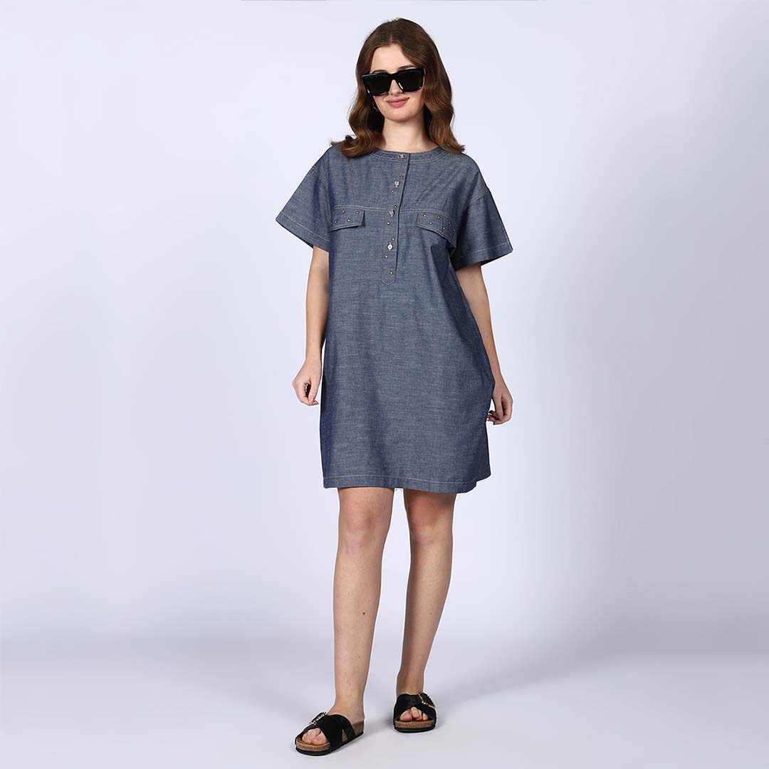 Saint Clara Grey Cotton Chambray Short Dress