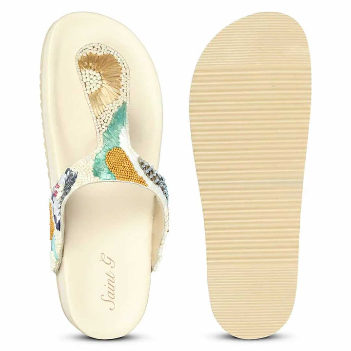 Saint Zaria Embroidered Off-White Leather Thong Footbed