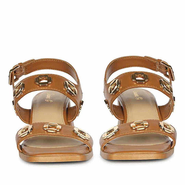Saint Alviera Gold Flower Eyelets Tan Leather Block Heels