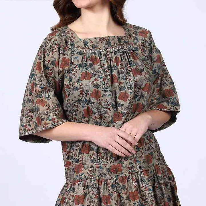 Saint Peyton Olive Printed Floral Cotton Poplin Mini Dress