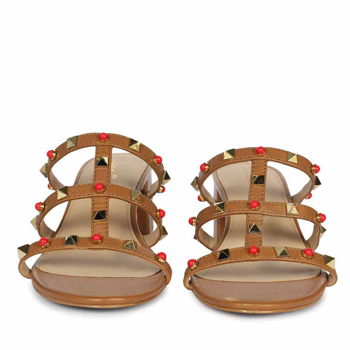 Saint Cressie Studded Tan Leather Block Heels