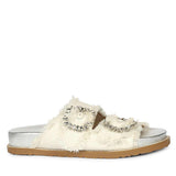Saint Riviera Crystal Buckle White Denim Footbed Sandals