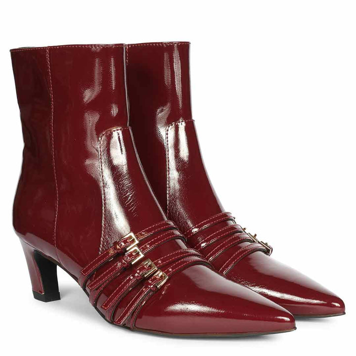 Saint Chloé Wine Print Leather Kitten Heel Ankle Boots