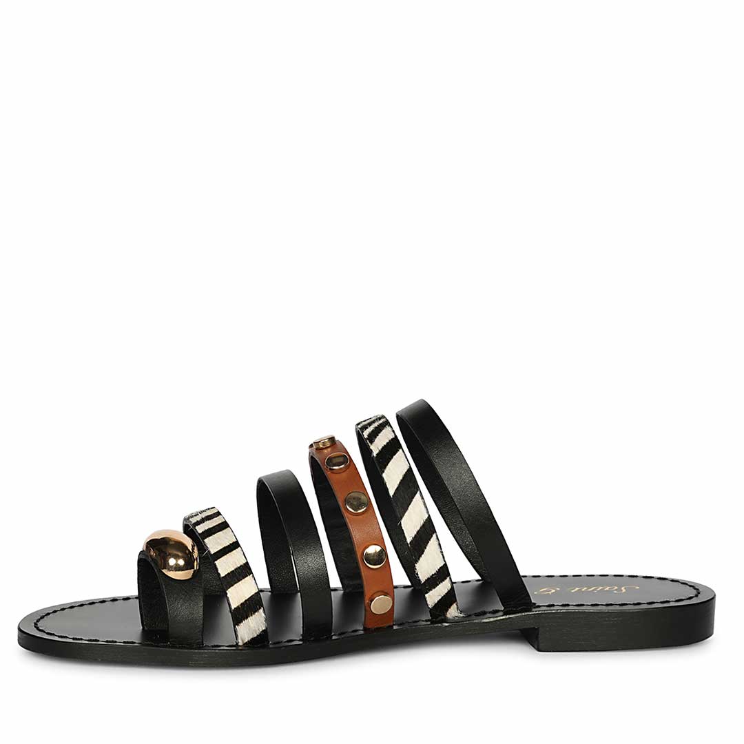Saint Monaco Zebra Print Black Leather Flat Sandals