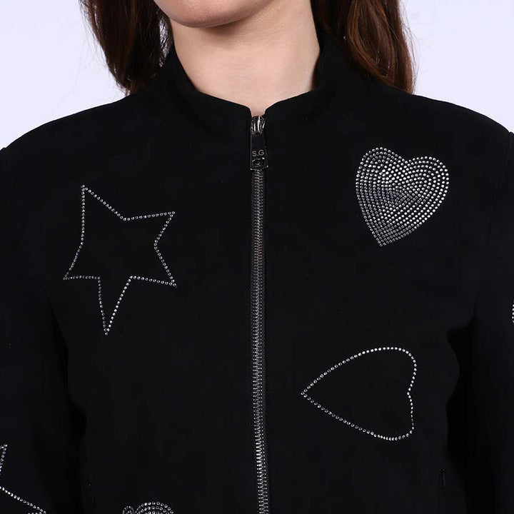 Saint Venessa Stone Embossed Black Leather Women Biker Jackets