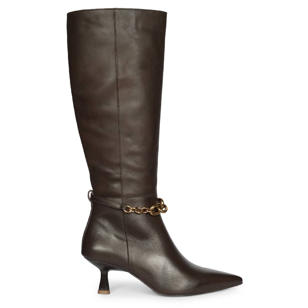 Saint Freya Chain Embellished Brown Leather Long Boots