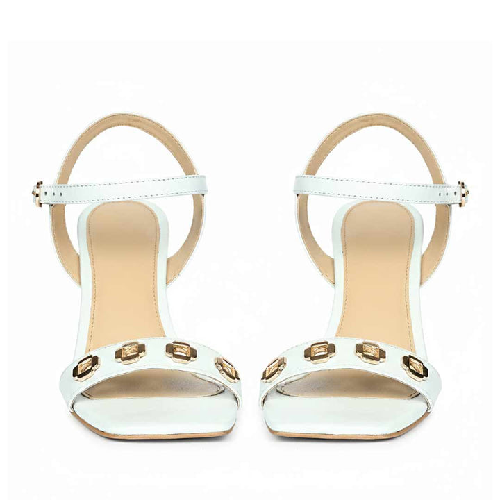 Saint Dahlia Gold Flower Eyelets Sky Leather Heels