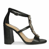Saint Colleen Silver Stone Metallic Black Leather Block Heels