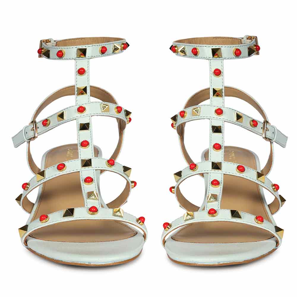 Saint Lucien Sky Blue Leather Studded Gladiator Block Heels