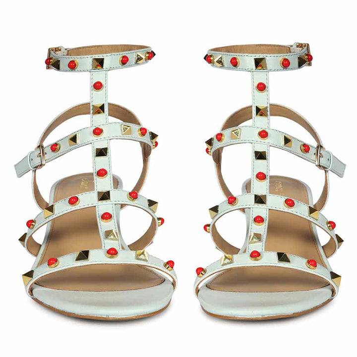 Saint Lucien Sky Blue Leather Studded Gladiator Block Heels