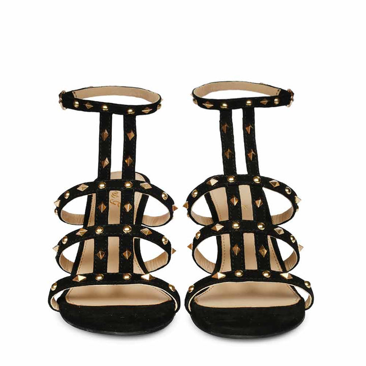 Saint Quenel Metallic Black Leather Studded Stilettos