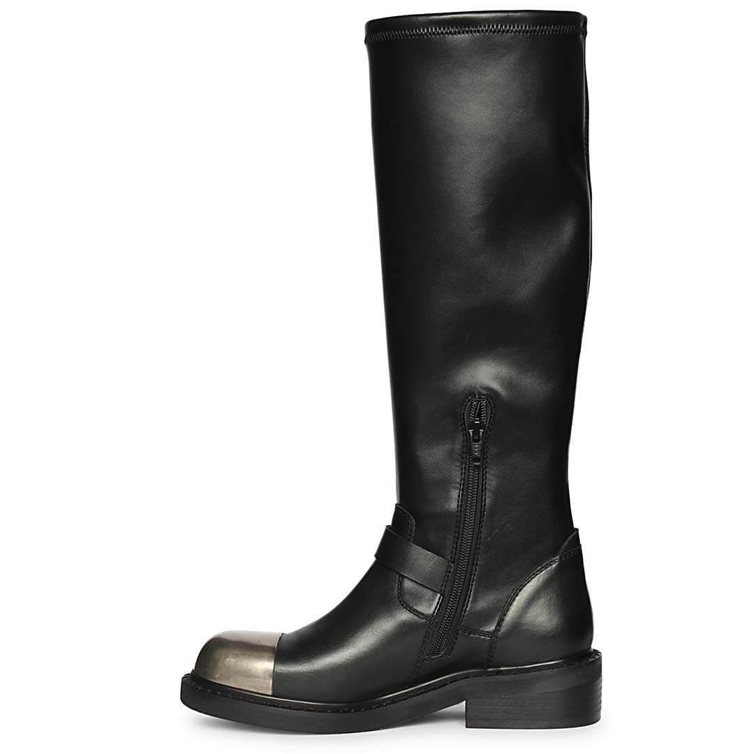 Saint Ember Metal Toe Buckle Strap Black Stretch Napa Long Boots