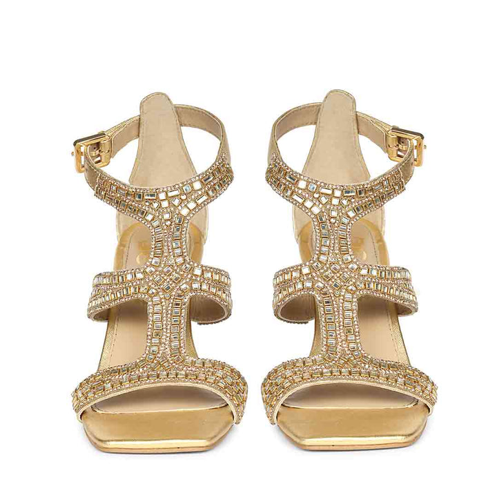 Saint Eloria Crystal Gold Leather Flared Stiletto Heels