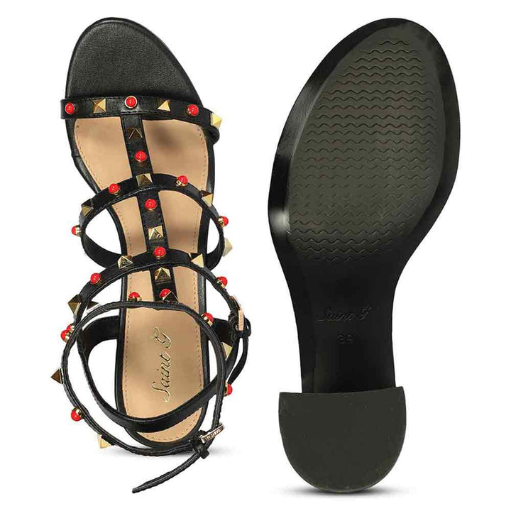 Saint Lorien Black Leather Studded Block Heels