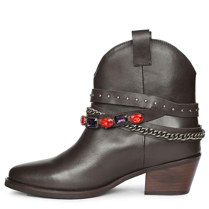 Saint Louanne Brown Leather Rhinestone Studded Décor Boots