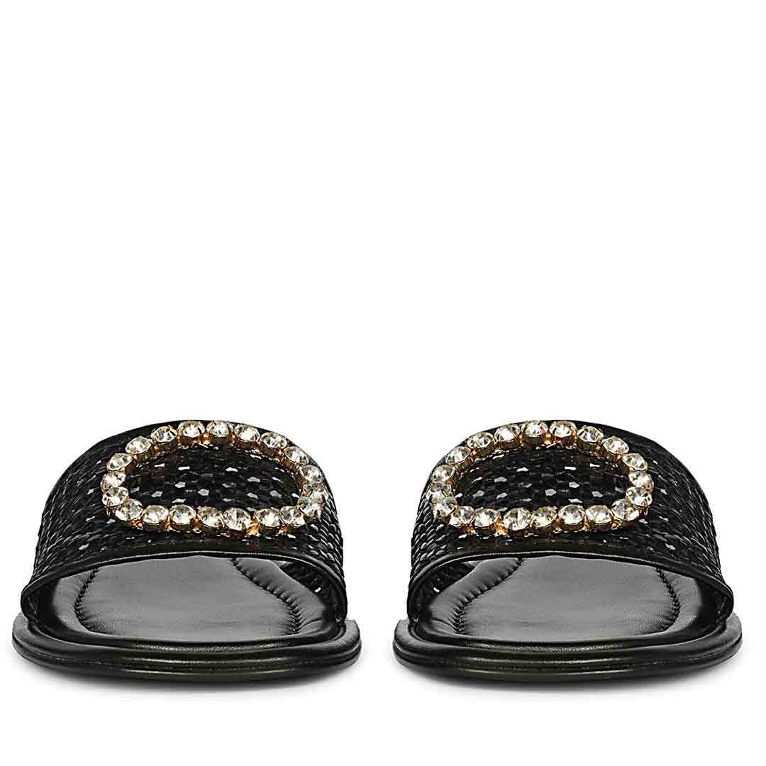 Saint Carly Black Woven Leather Crystal Buckle Slide