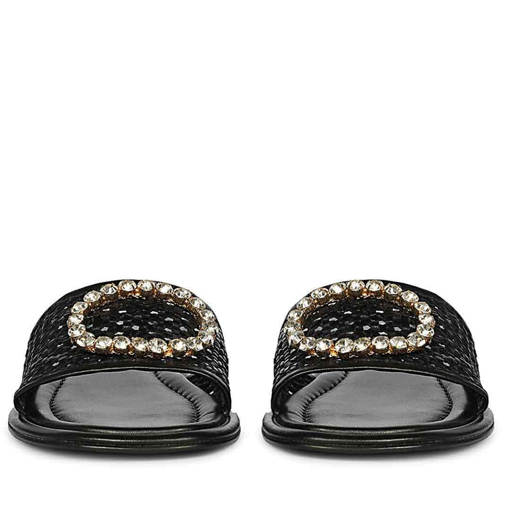 Saint Carly Black Woven Leather Crystal Buckle Slide