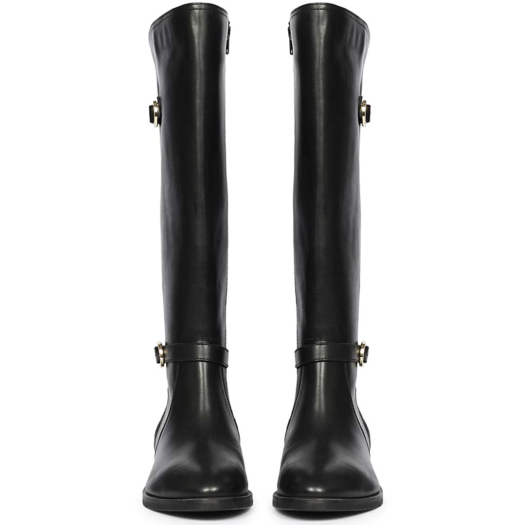 Saint Darla Dual Gold Buckle Accents Black Leather Long Boots