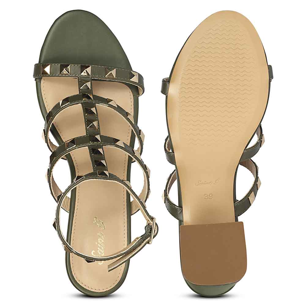 Saint Angela Gold Studs Olive Leather Block Heels
