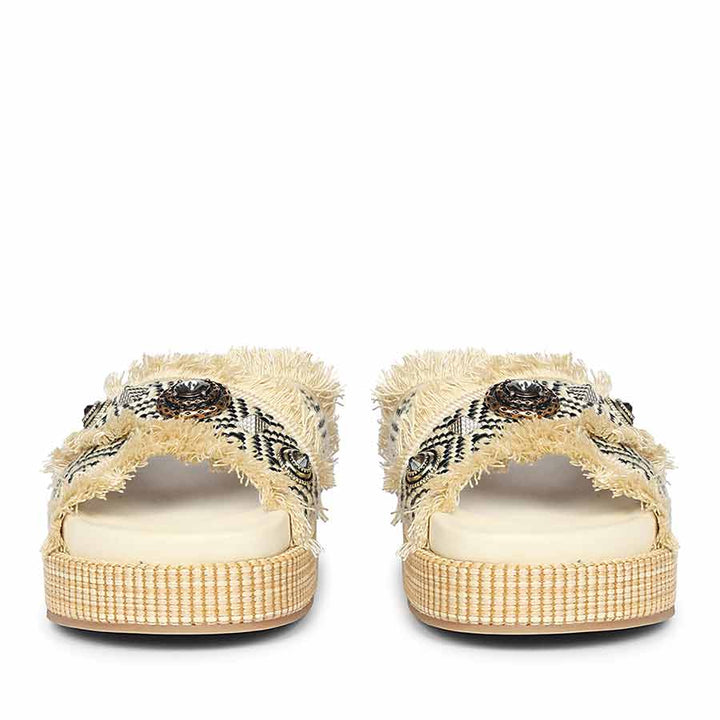 Saint Lenora Raffia Fringe Beige Leather Platform Sandals