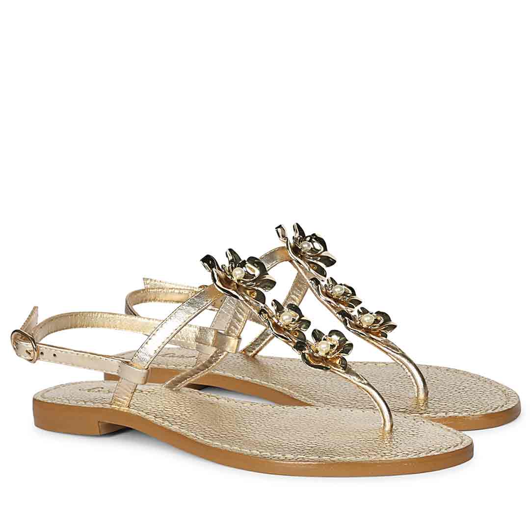 Saint Orion Flower Gold Metallic Leather Sandals