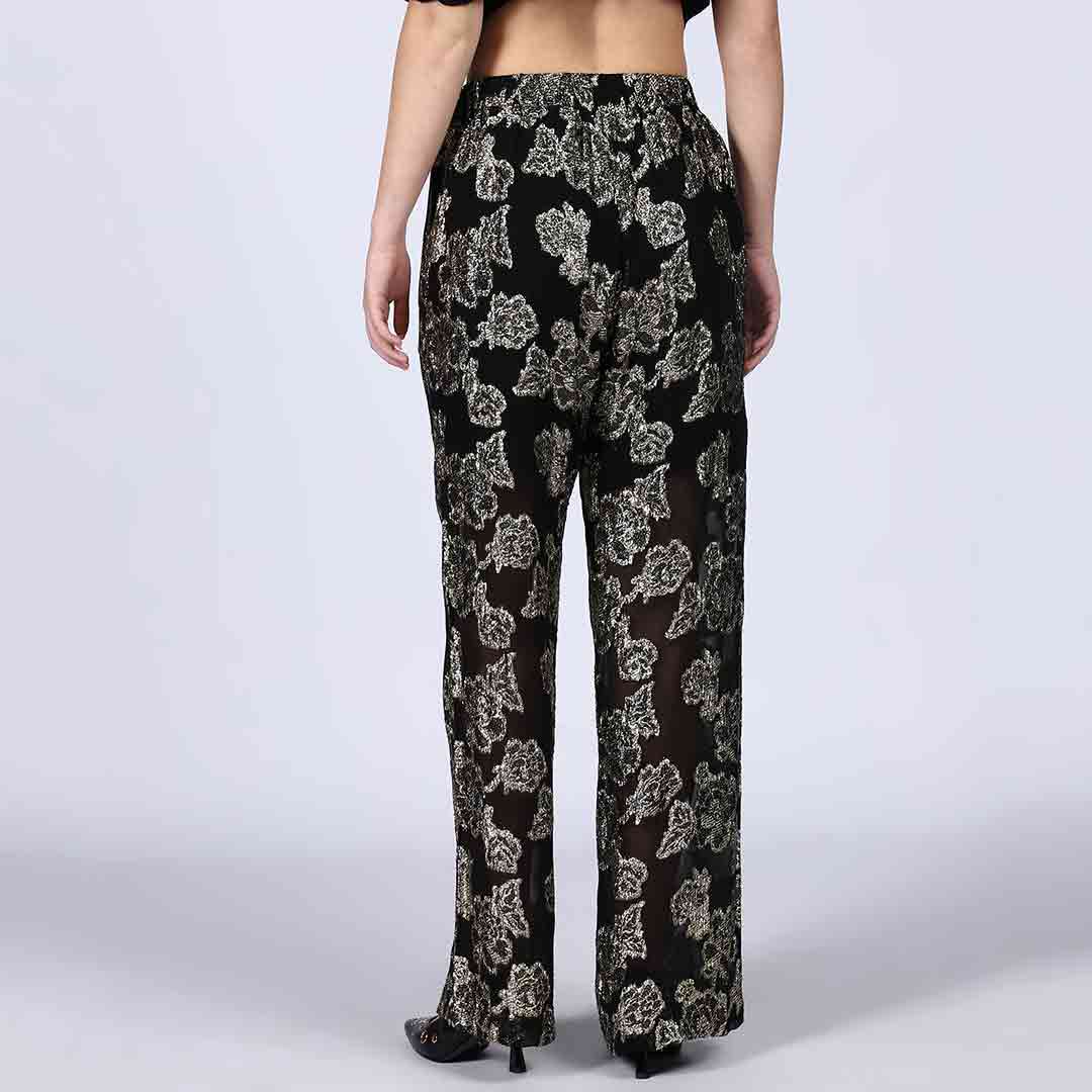 Saint Celeste Floral Lurex Crepe Wide-Leg Black Trousers