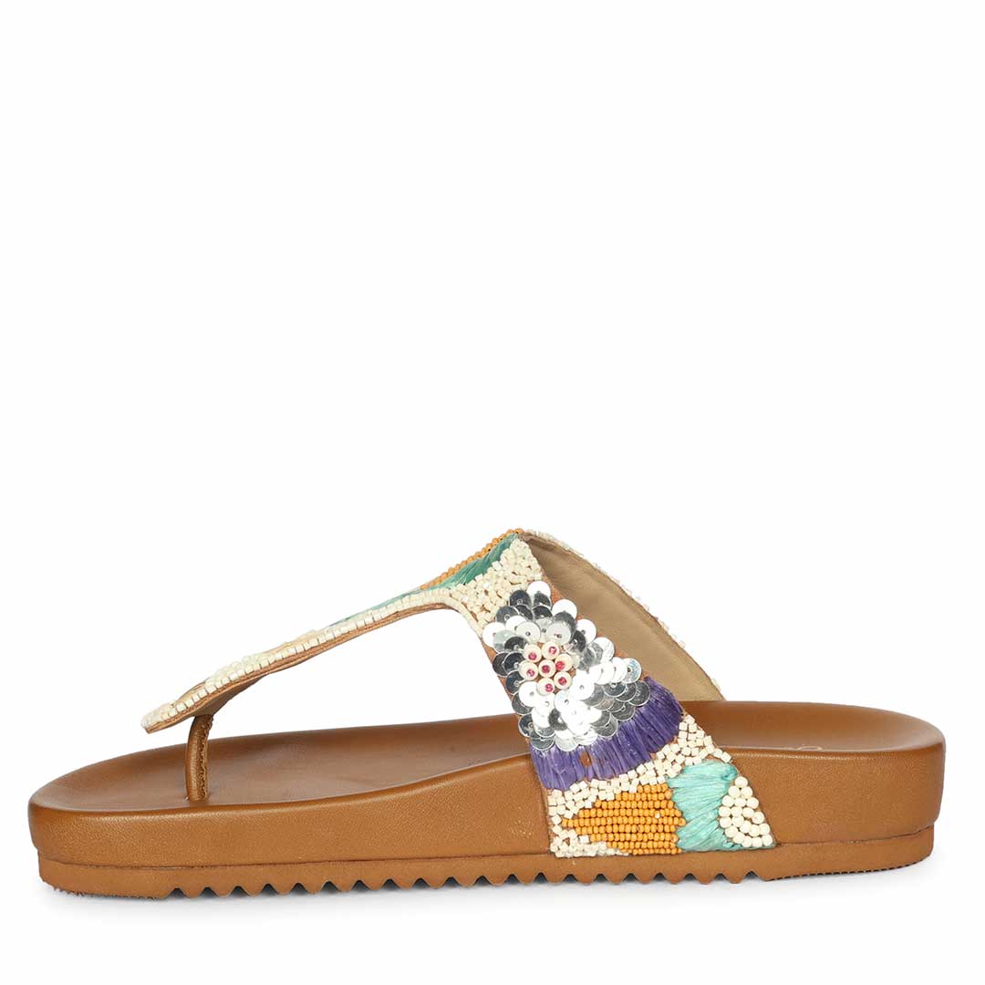 Saint Zaria Embroidered Tan Leather Thong Footbed