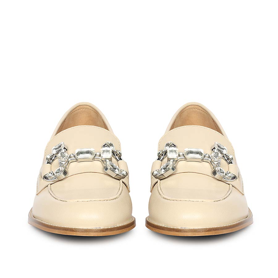 Saint Livia Crystal Buckle Beige Leather Moccasins
