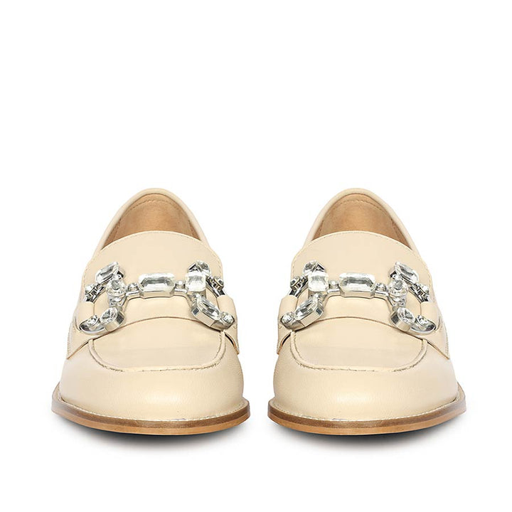 Saint Livia Crystal Buckle Beige Leather Moccasins
