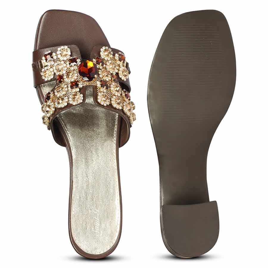 Saint Fiorenza Stone Embroidered Brown Leather Block Heels