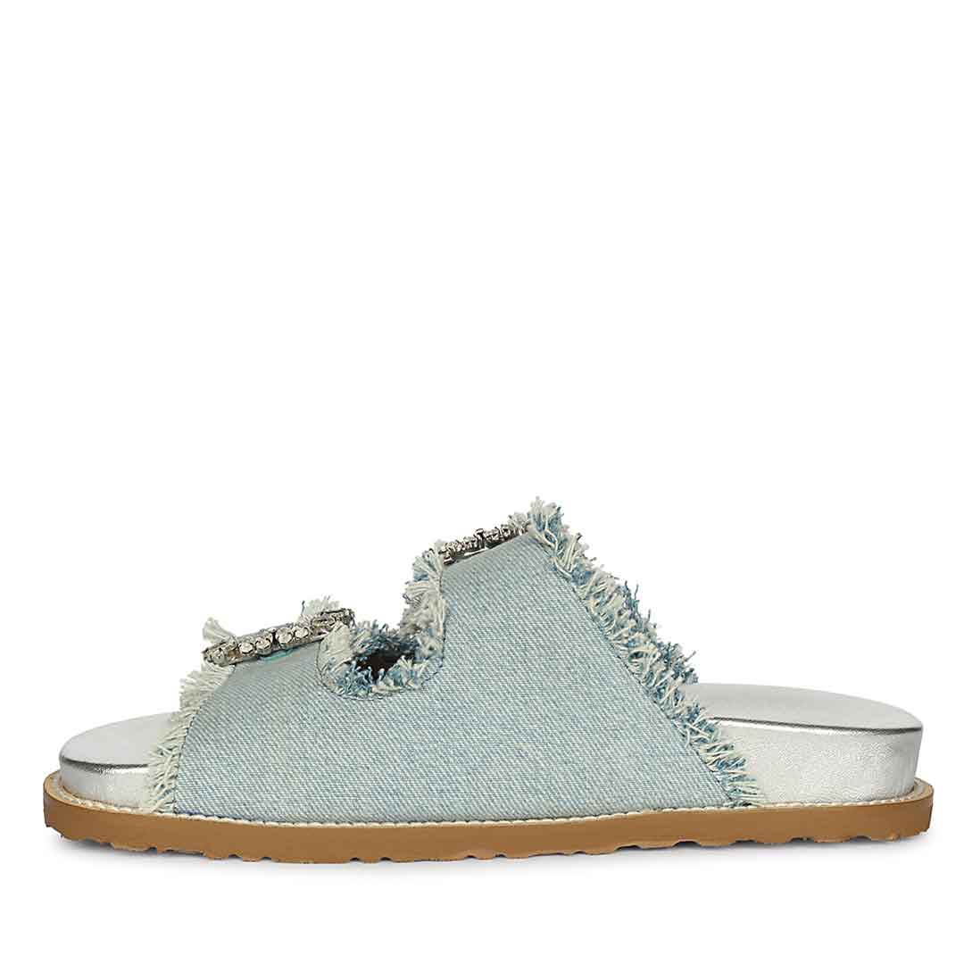 Saint Riviera Crystal Buckle Sky Denim Footbed Sandals