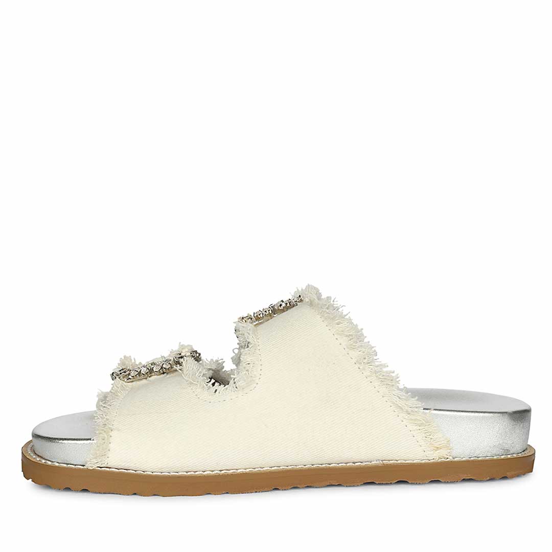 Saint Riviera Crystal Buckle White Denim Footbed Sandals