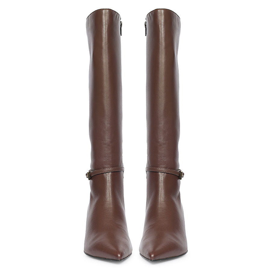Saint Elara Buckle Embellished Brown Leather Long Boots