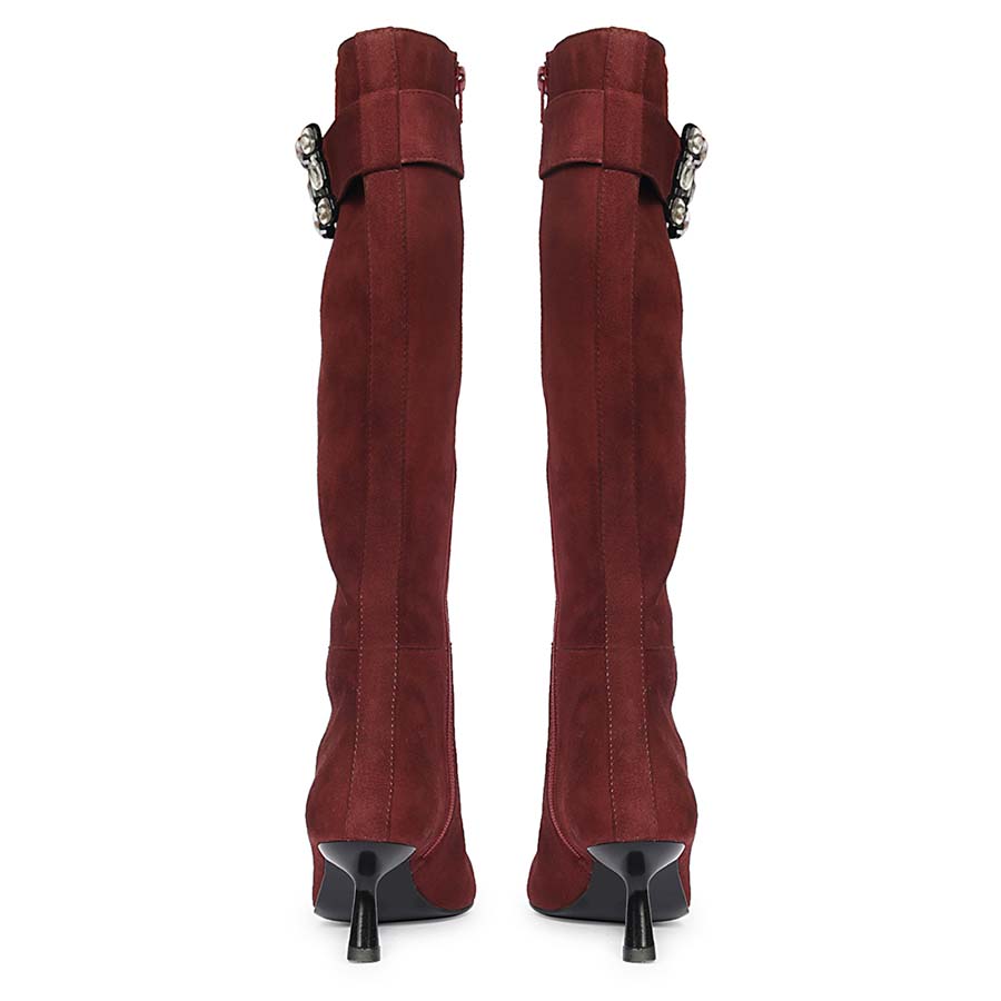 Saint Valeria Crystal Buckle Bordo Suede Leather Long Boots