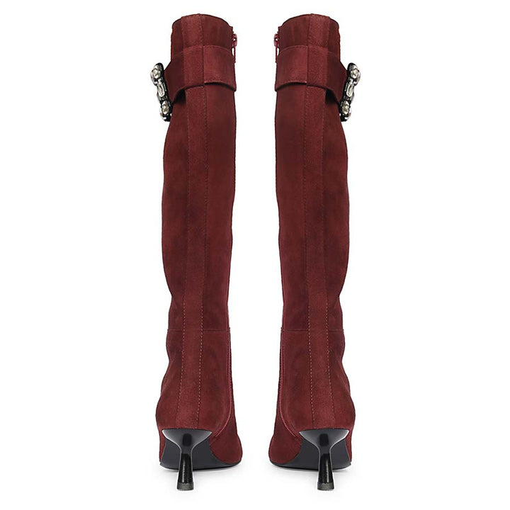 Saint Valeria Crystal Buckle Bordo Suede Leather Long Boots